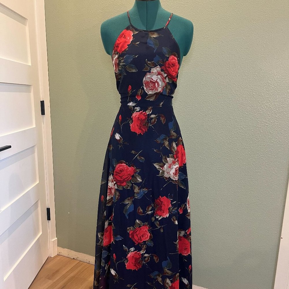 Lulu's Navy Floral Print Halter Cross Back Maxi Dress